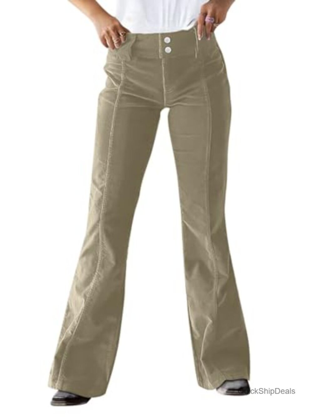 Mid Rise Flare Corduroy Pants Seam Front Dual Button Cotton Spandex